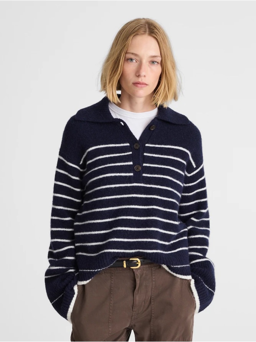 MADEWELL CloudSoft Polo Sweater Striped Navy White Collared Women’s Large NWT